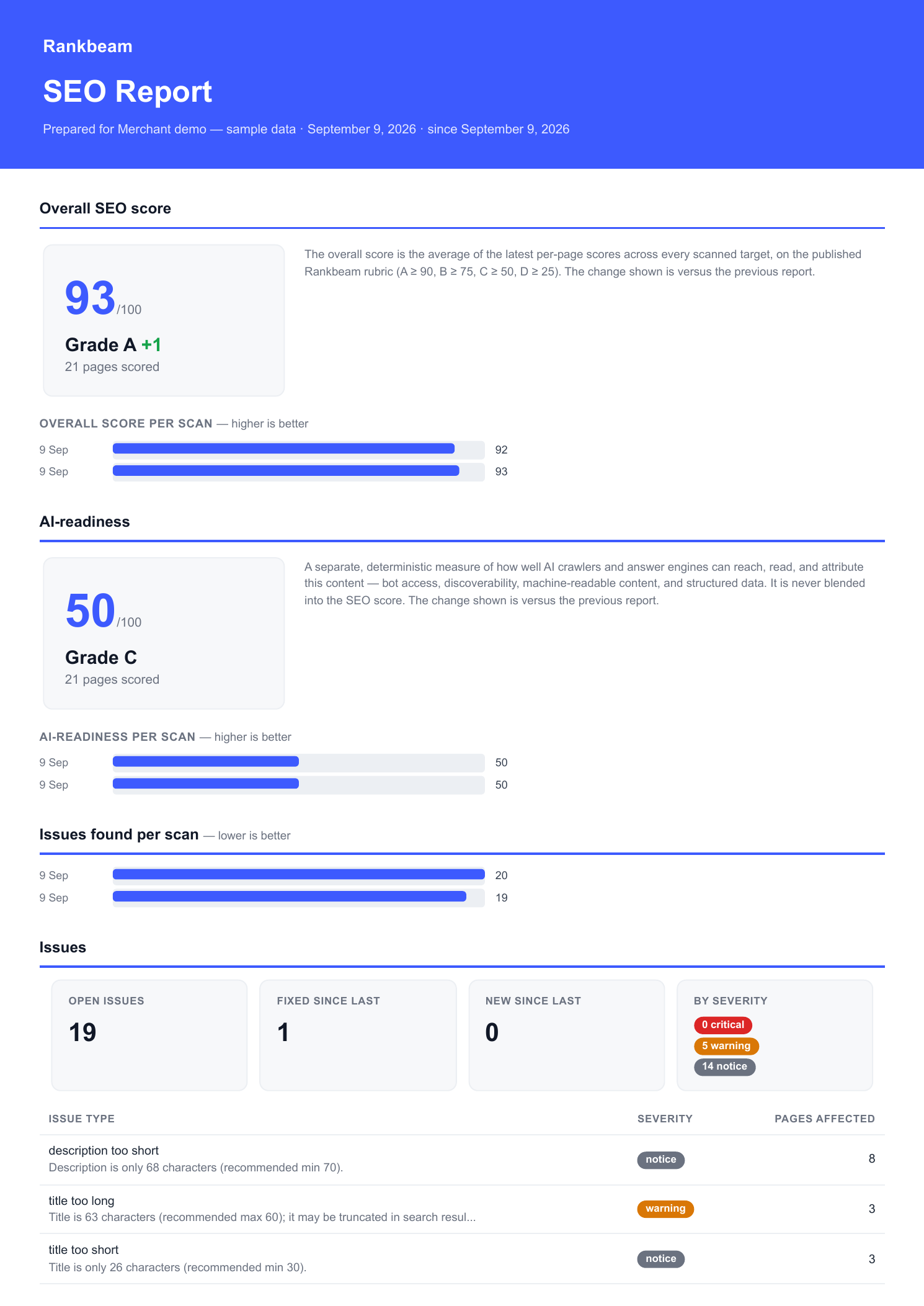 The first page of the generated sample report: score 93, one fixed issue and 19 open issues.